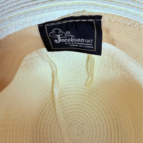 Jacobson Hats Ivory Wide Brim Straw Sun Hat Colorful Beaded Band Cruise Vacation - Picture 9 of 11